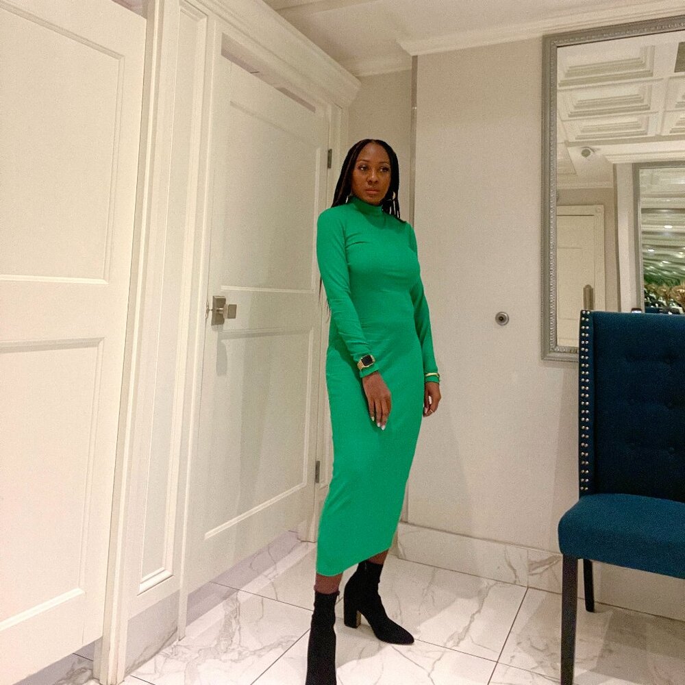 Nak-d Green Turtleneck Long Sleeve Midi Dress – Small